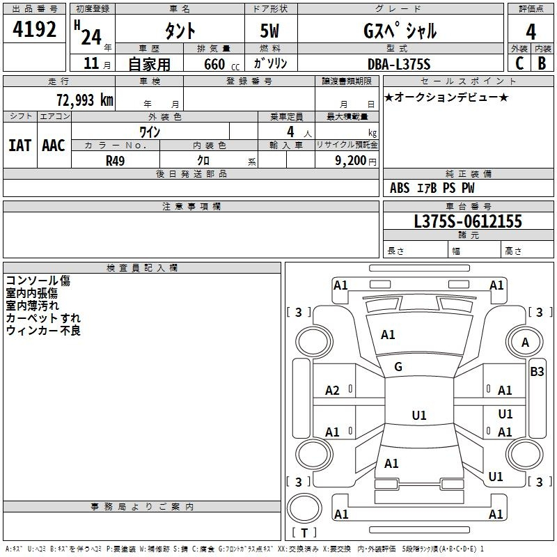 Аукционный лист DAIHATSU TANTO 2012