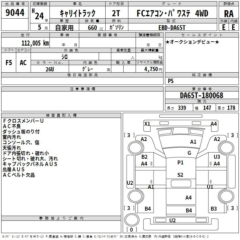 Аукционный лист SUZUKI CARRY TRUCK 2012