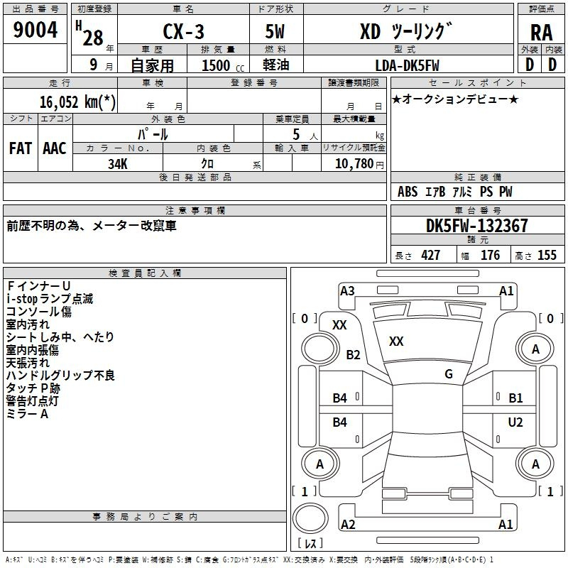 Аукционный лист MAZDA CX-3 2016