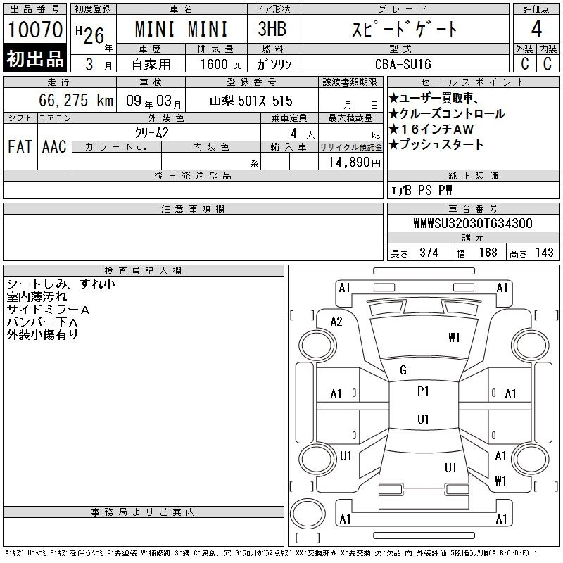 Аукционный лист BMW MINI 2014