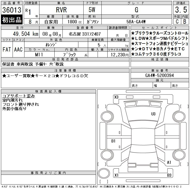 Аукционный лист MITSUBISHI RVR 2019