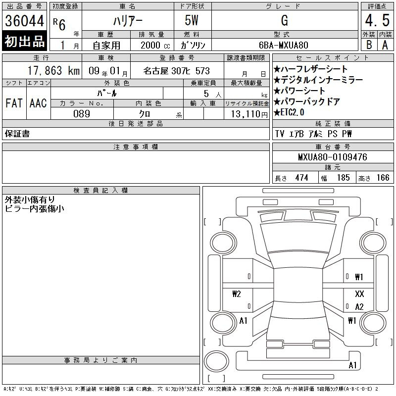 Аукционный лист TOYOTA HARRIER 2024