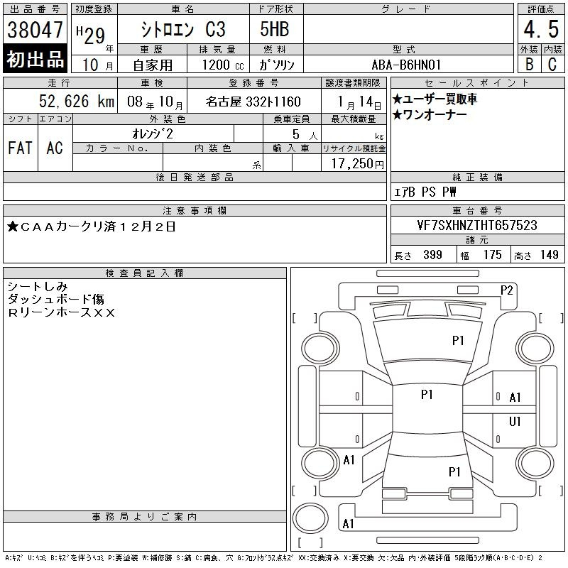 Аукционный лист CITROEN C3 2017