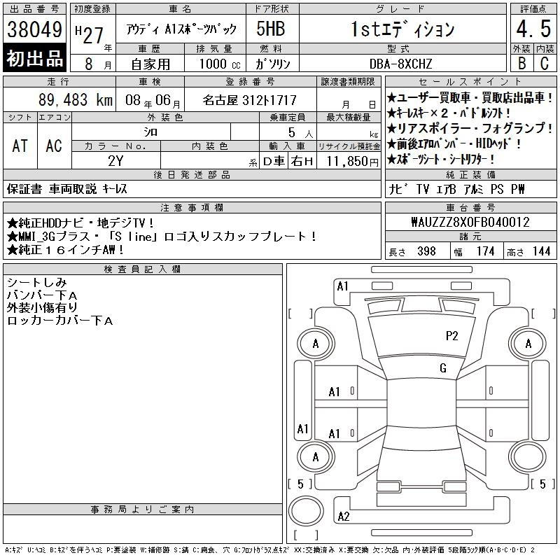 Аукционный лист AUDI A1 2015