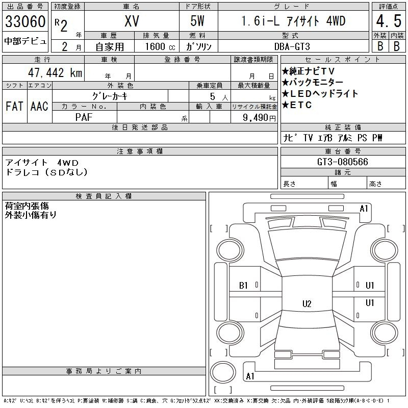 Аукционный лист SUBARU XV 2020