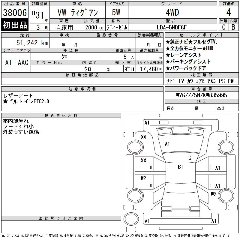 Аукционный лист VOLKSWAGEN TIGUAN 2019