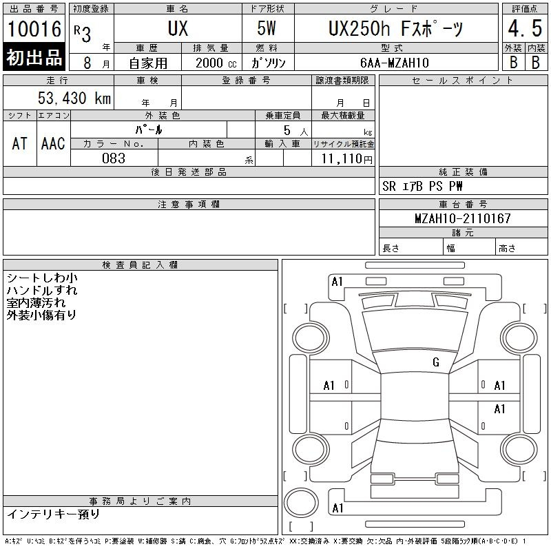 Аукционный лист LEXUS UX 2021
