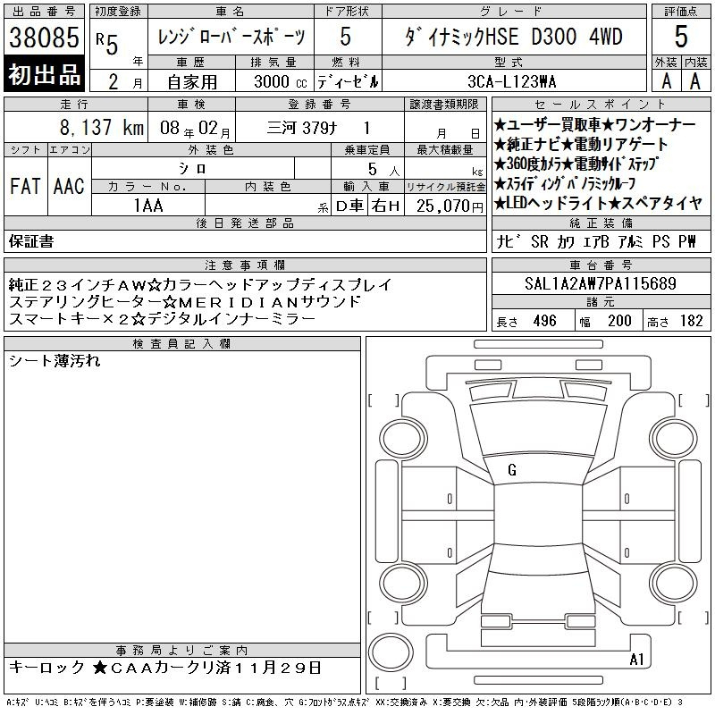 Аукционный лист ROVER RANGE ROVER 2023
