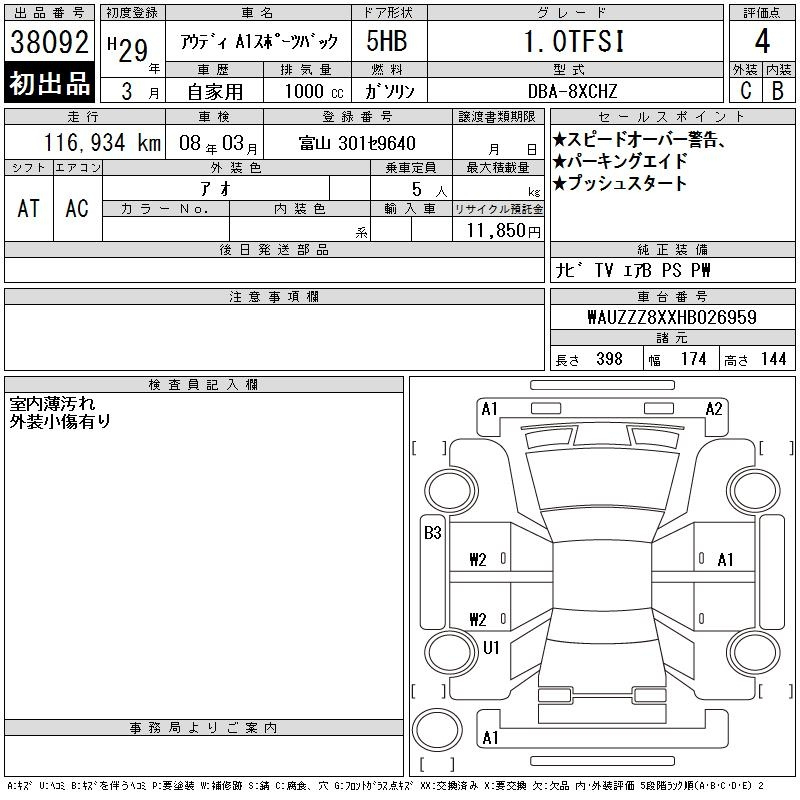 Аукционный лист AUDI A1 2017