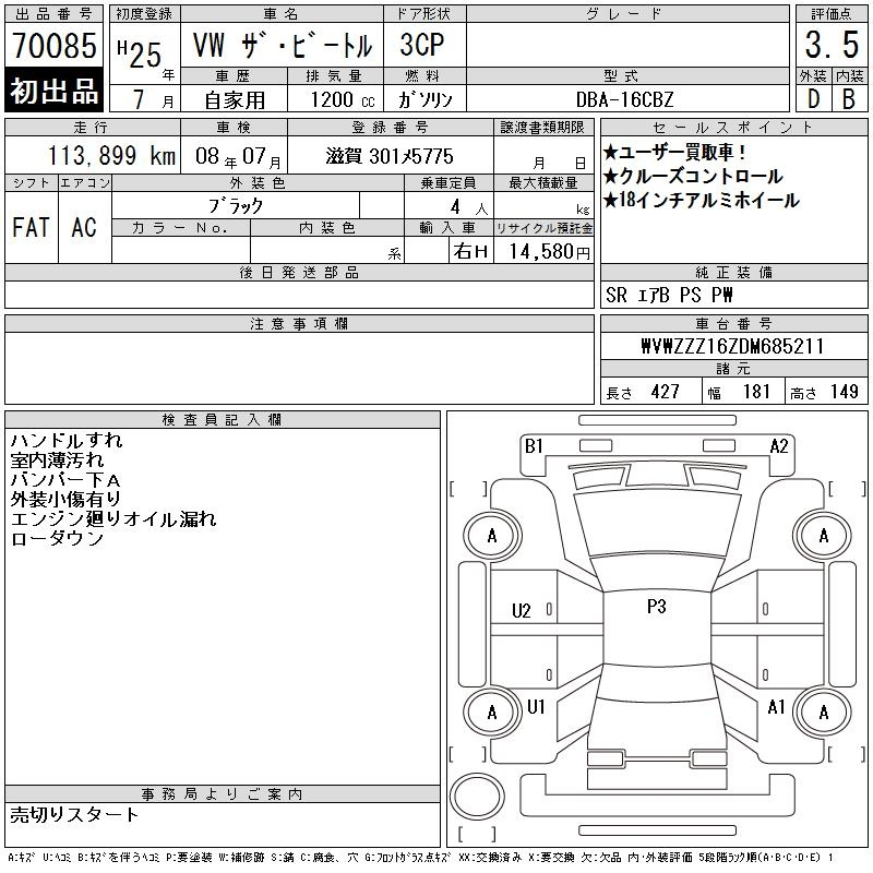 Аукционный лист VOLKSWAGEN THE BEETLE 2013