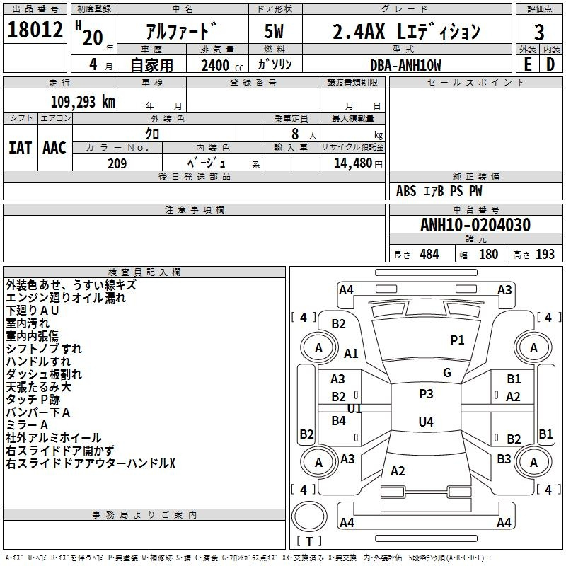 Аукционный лист TOYOTA ALPHARD 2008