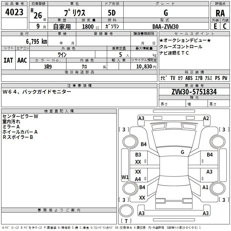 Аукционный лист TOYOTA PRIUS 2014