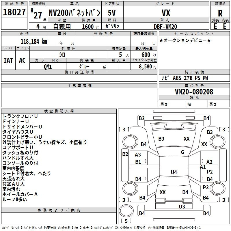 Аукционный лист NISSAN NV200 2015