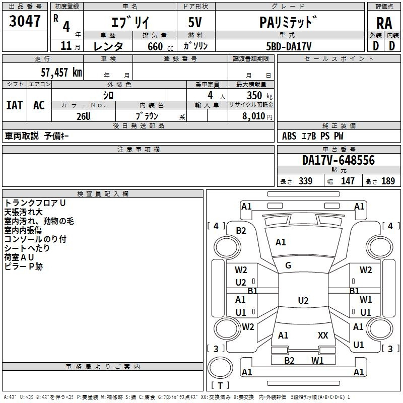 Аукционный лист SUZUKI EVERY 2022