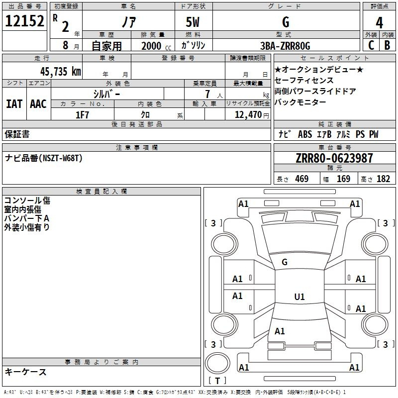 Аукционный лист TOYOTA NOAH 2020