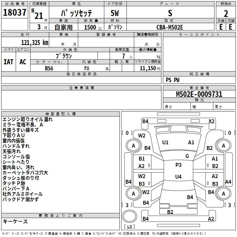 Аукционный лист TOYOTA PASSO SETTE 2009