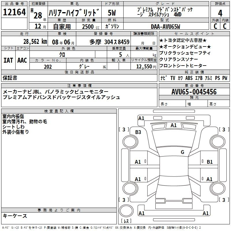 Аукционный лист TOYOTA HARRIER 2016