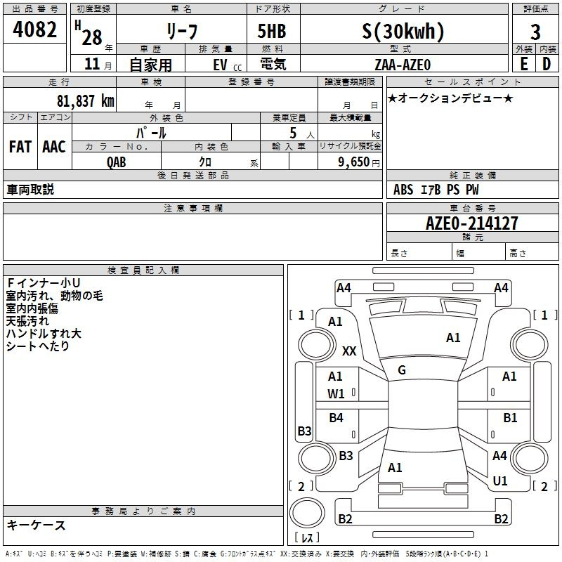 Аукционный лист NISSAN LEAF 2016