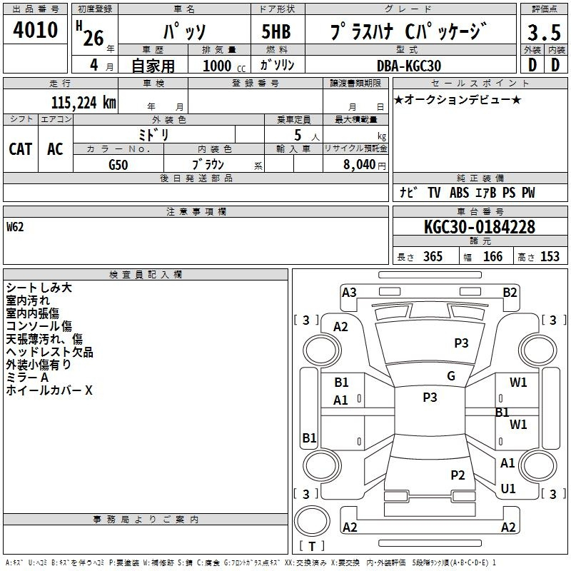 Аукционный лист TOYOTA PASSO 2014