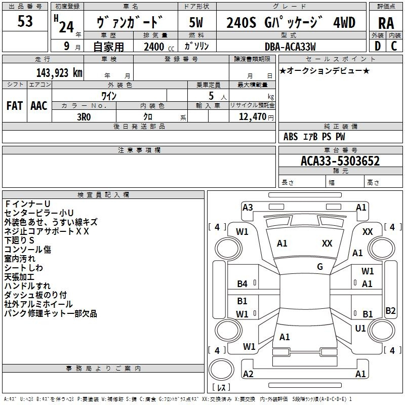 Аукционный лист TOYOTA VANGUARD 2012
