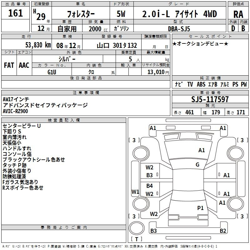 Аукционный лист SUBARU FORESTER 2017