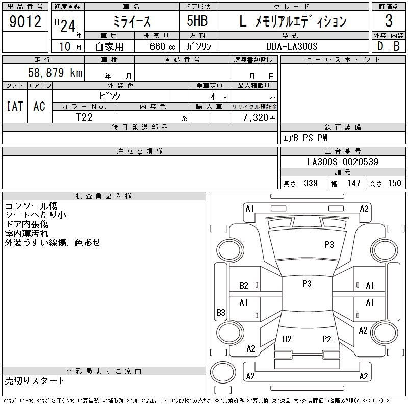 Аукционный лист DAIHATSU MIRA E S 2012
