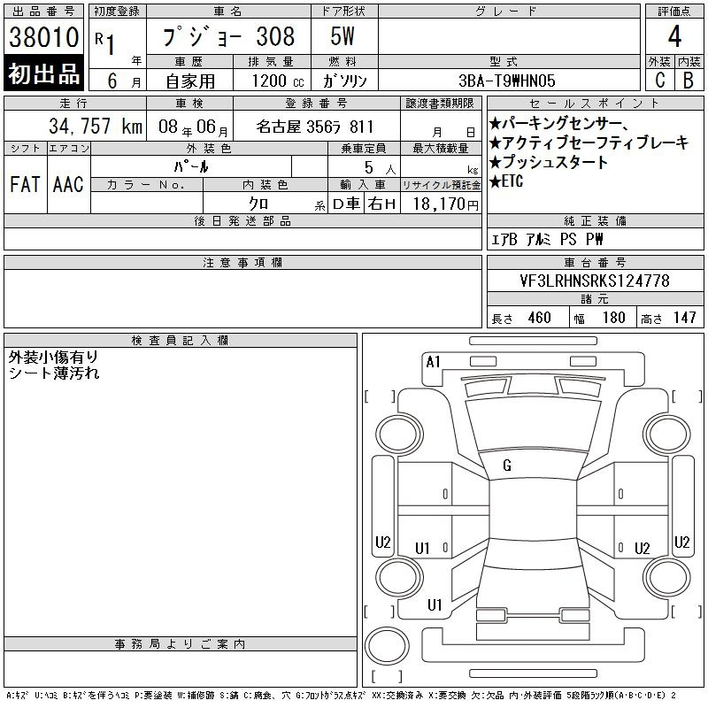 Аукционный лист PEUGEOT 308 2019