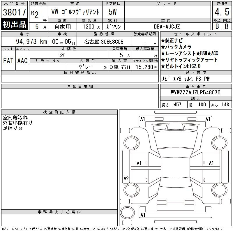 Аукционный лист VOLKSWAGEN GOLF VARIANT 2020