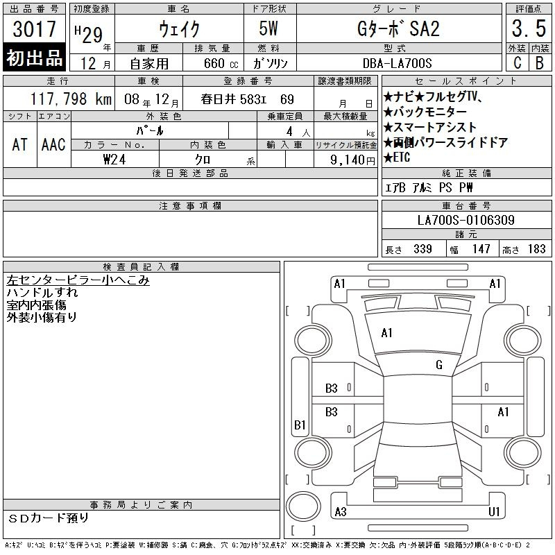 Аукционный лист DAIHATSU WAKE 2017