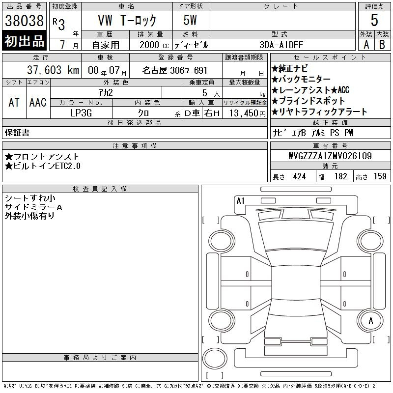 Аукционный лист VOLKSWAGEN T-ROC 2021