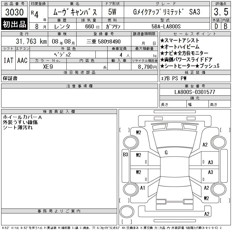 Аукционный лист DAIHATSU MOVE CANBUS 2022