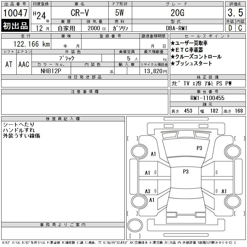 Аукционный лист HONDA CR-V 2012