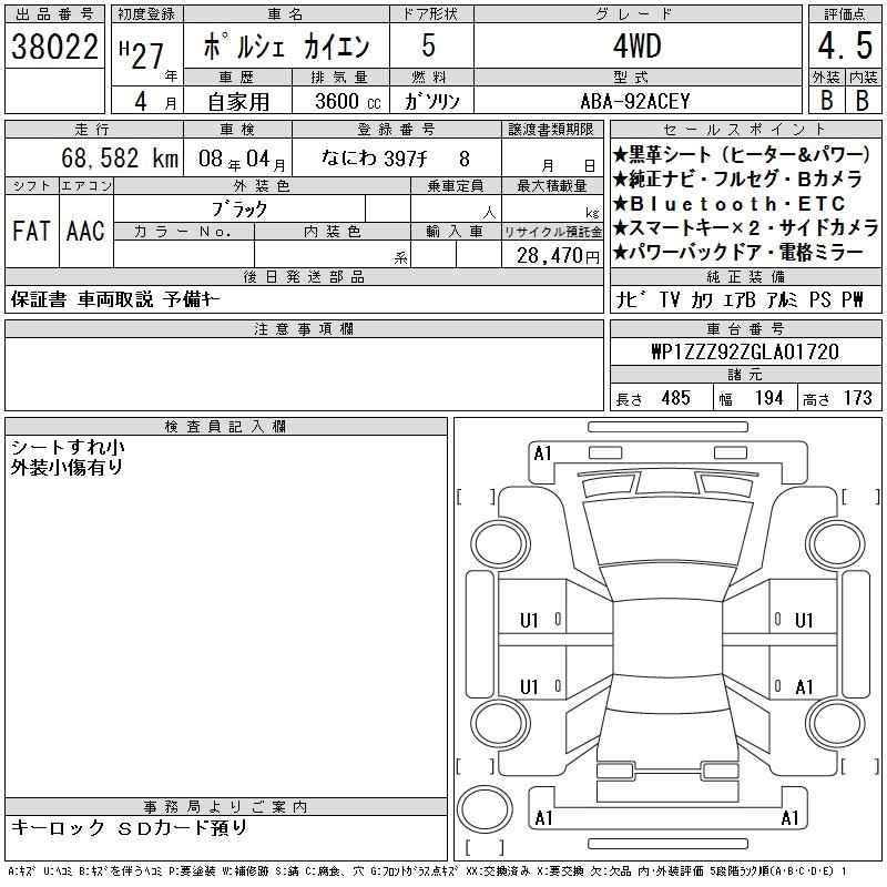 Аукционный лист PORSCHE CAYENNE 2015