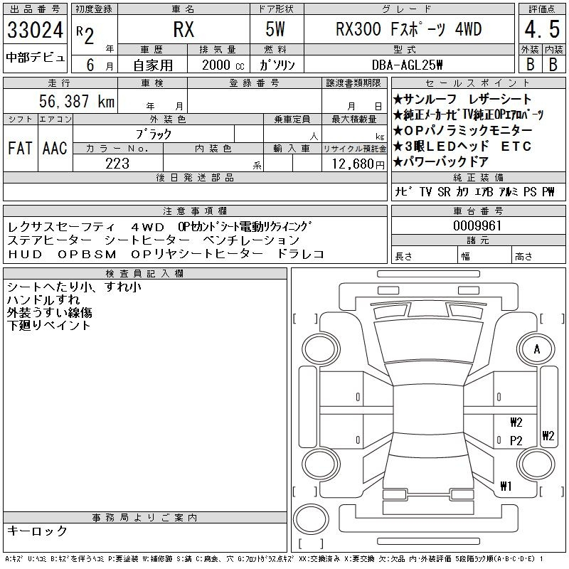 Аукционный лист LEXUS RX 2020
