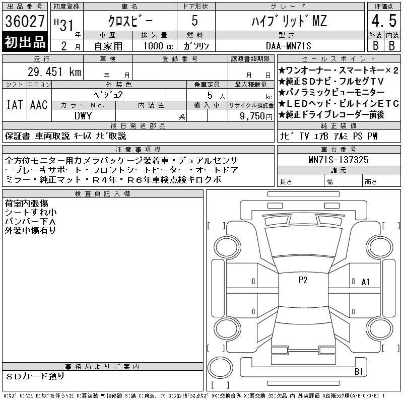Аукционный лист SUZUKI XBEE 2019