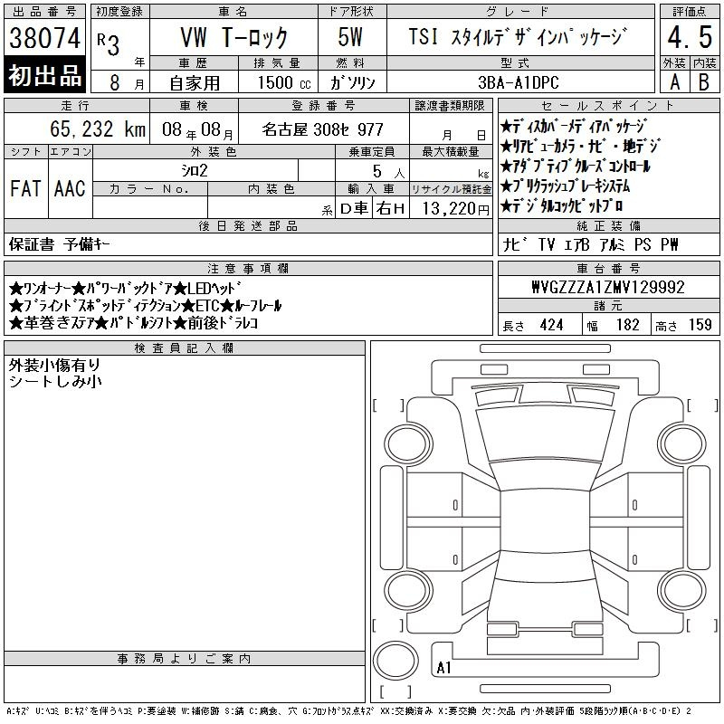 Аукционный лист VOLKSWAGEN T-ROC 2021