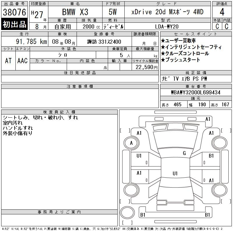 Аукционный лист BMW X3 2015