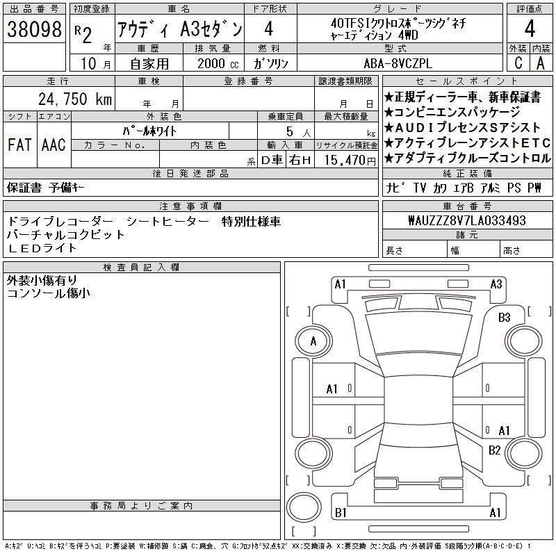 Аукционный лист AUDI A3 2020