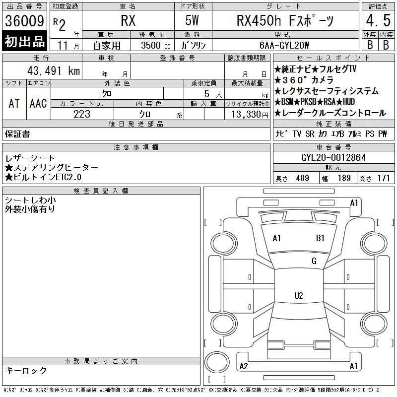 Аукционный лист LEXUS RX 2020