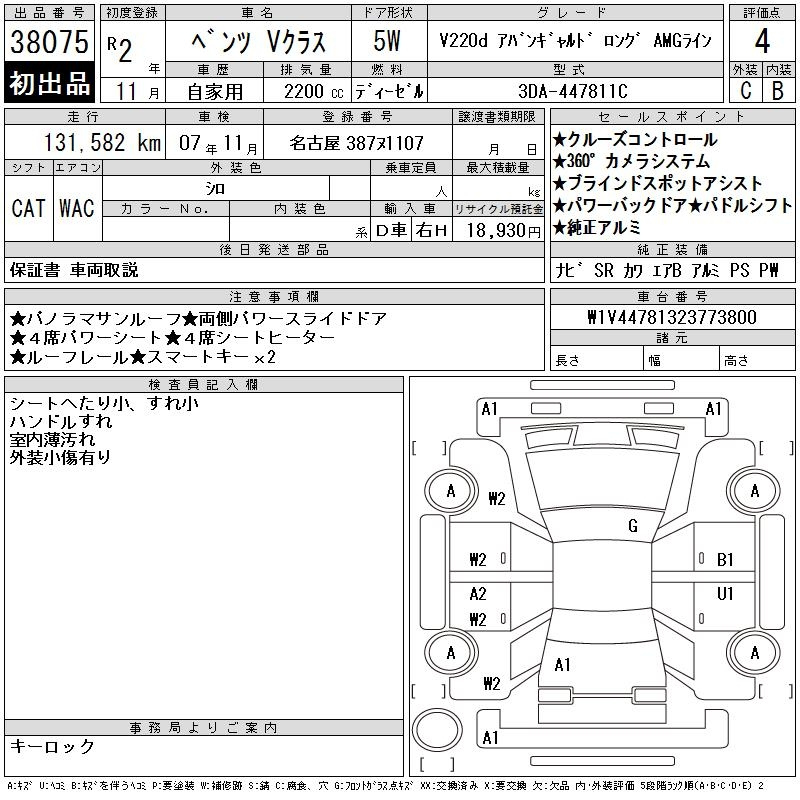 Аукционный лист MERCEDES BENZ V CLASS 2020
