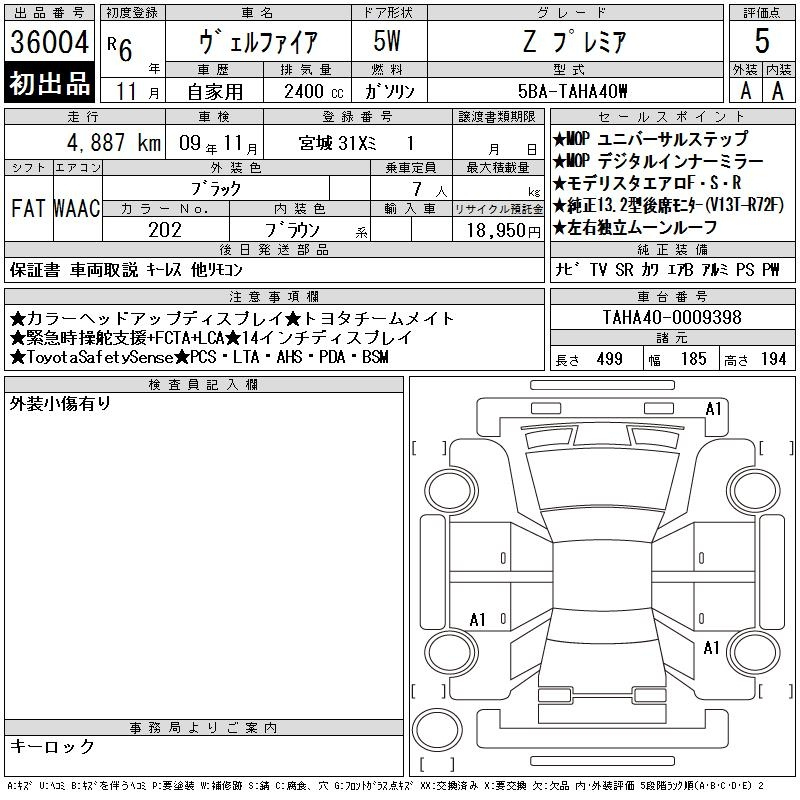Аукционный лист TOYOTA VELLFIRE 2024