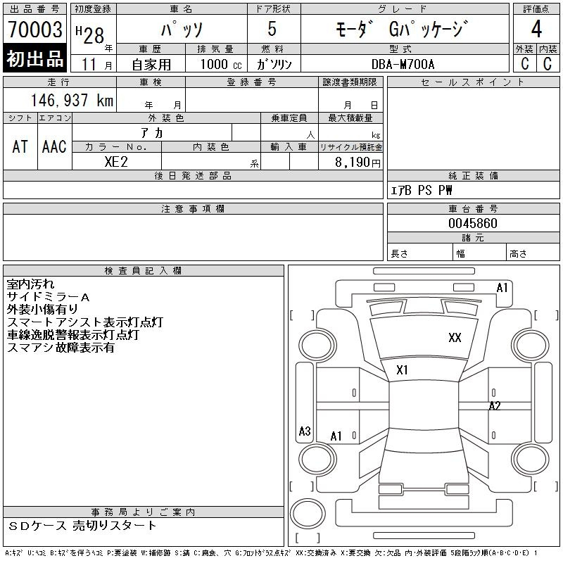 Аукционный лист TOYOTA PASSO 2016