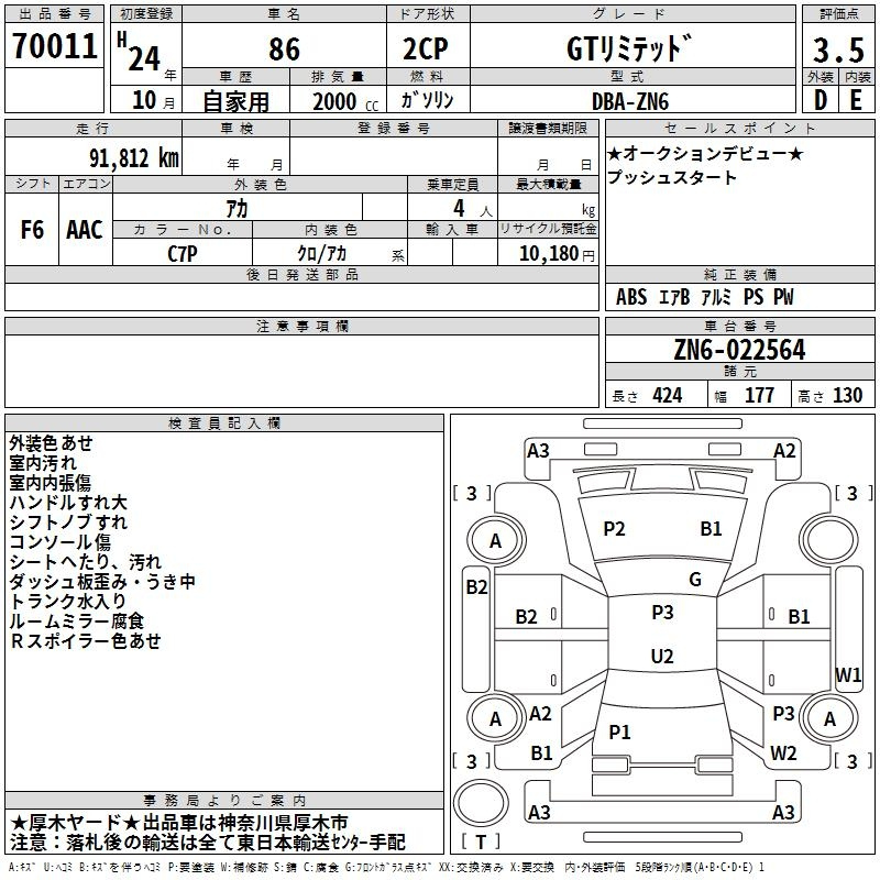 Аукционный лист TOYOTA 86 2012