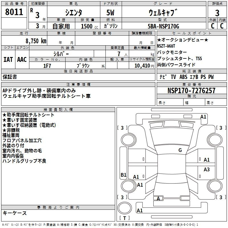 Аукционный лист TOYOTA SIENTA 2021