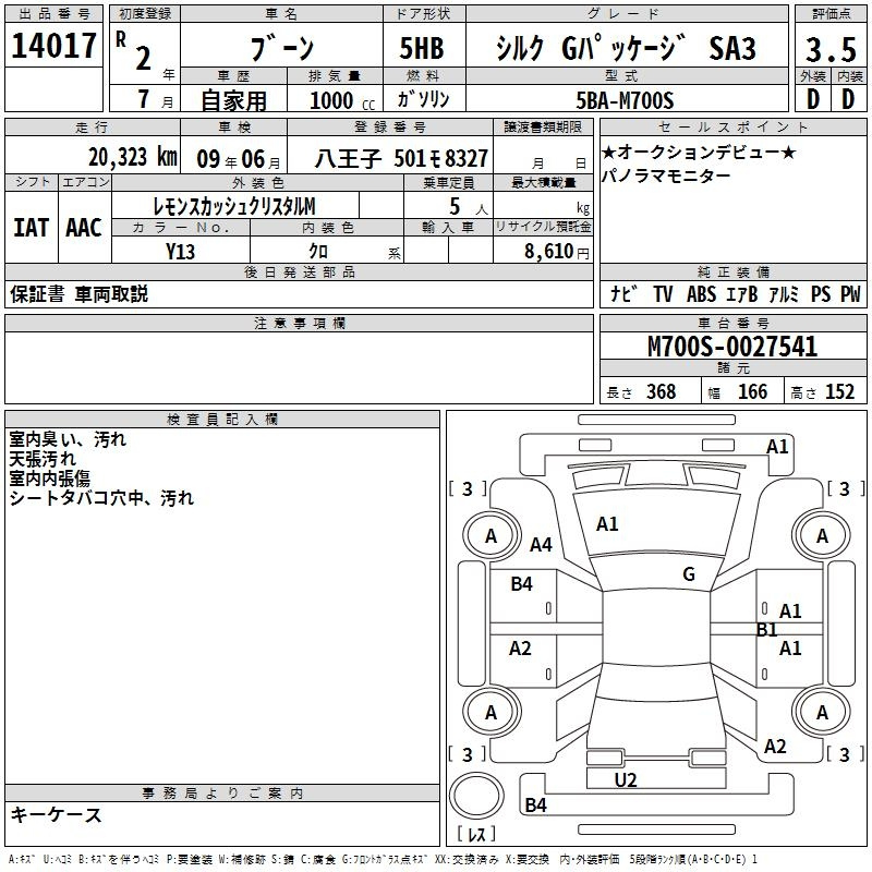 Аукционный лист DAIHATSU BOON 2020