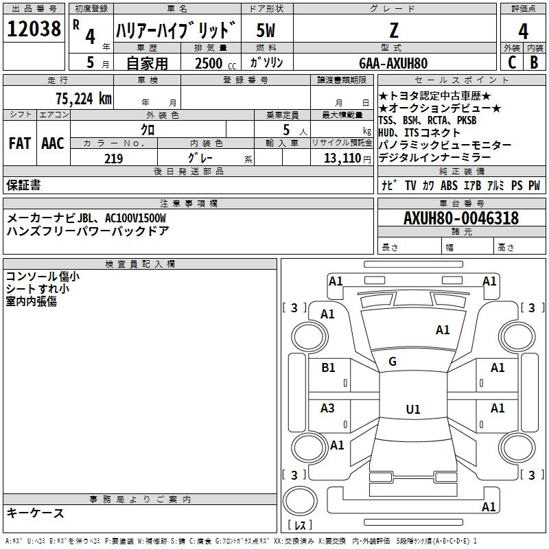 Аукционный лист TOYOTA HARRIER 2022