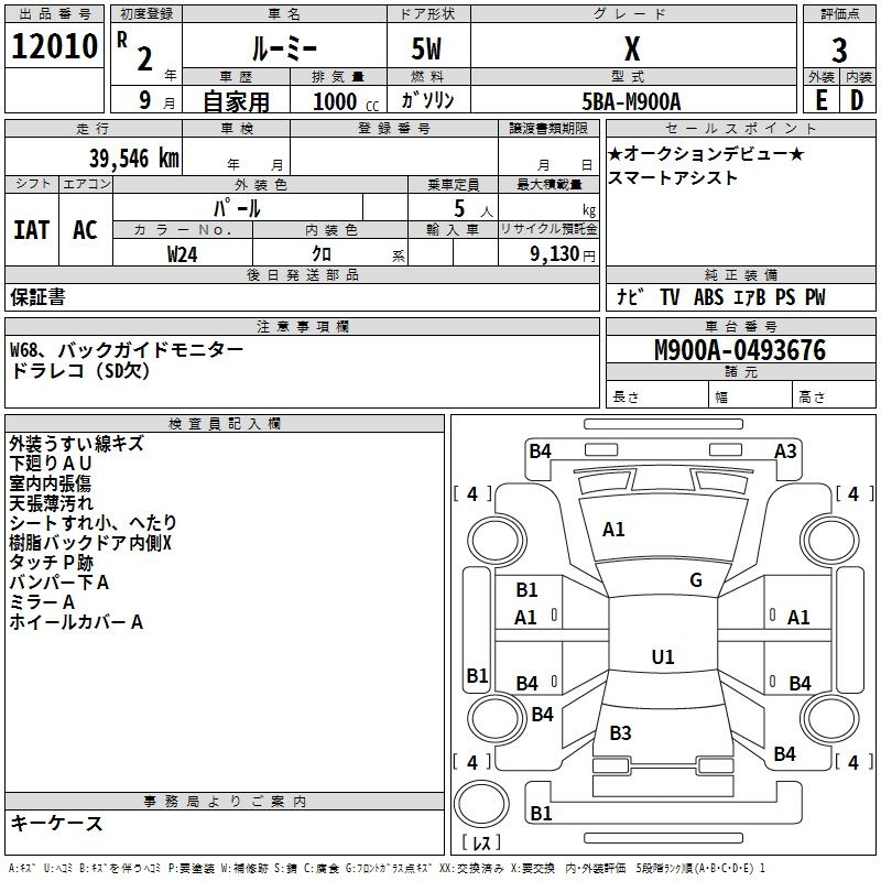 Аукционный лист TOYOTA ROOMY 2020