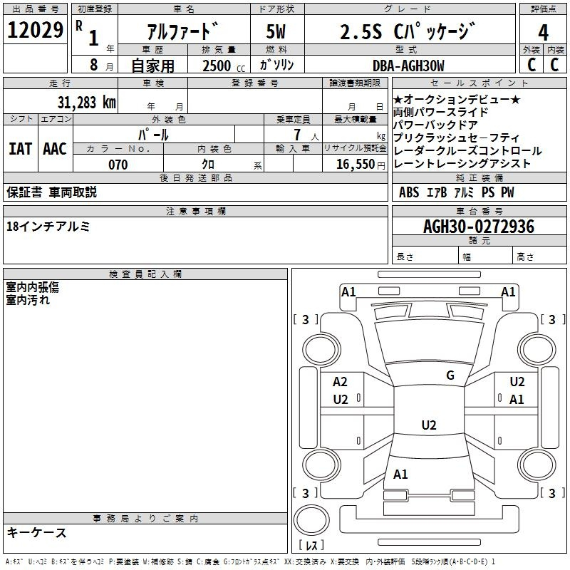 Аукционный лист TOYOTA ALPHARD 2019