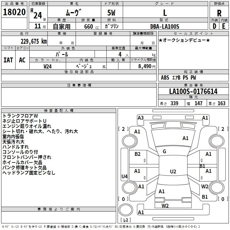Аукционный лист DAIHATSU MOVE 2012