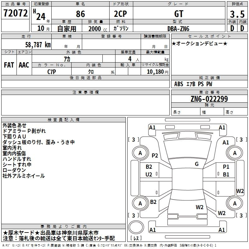 Аукционный лист TOYOTA 86 2012